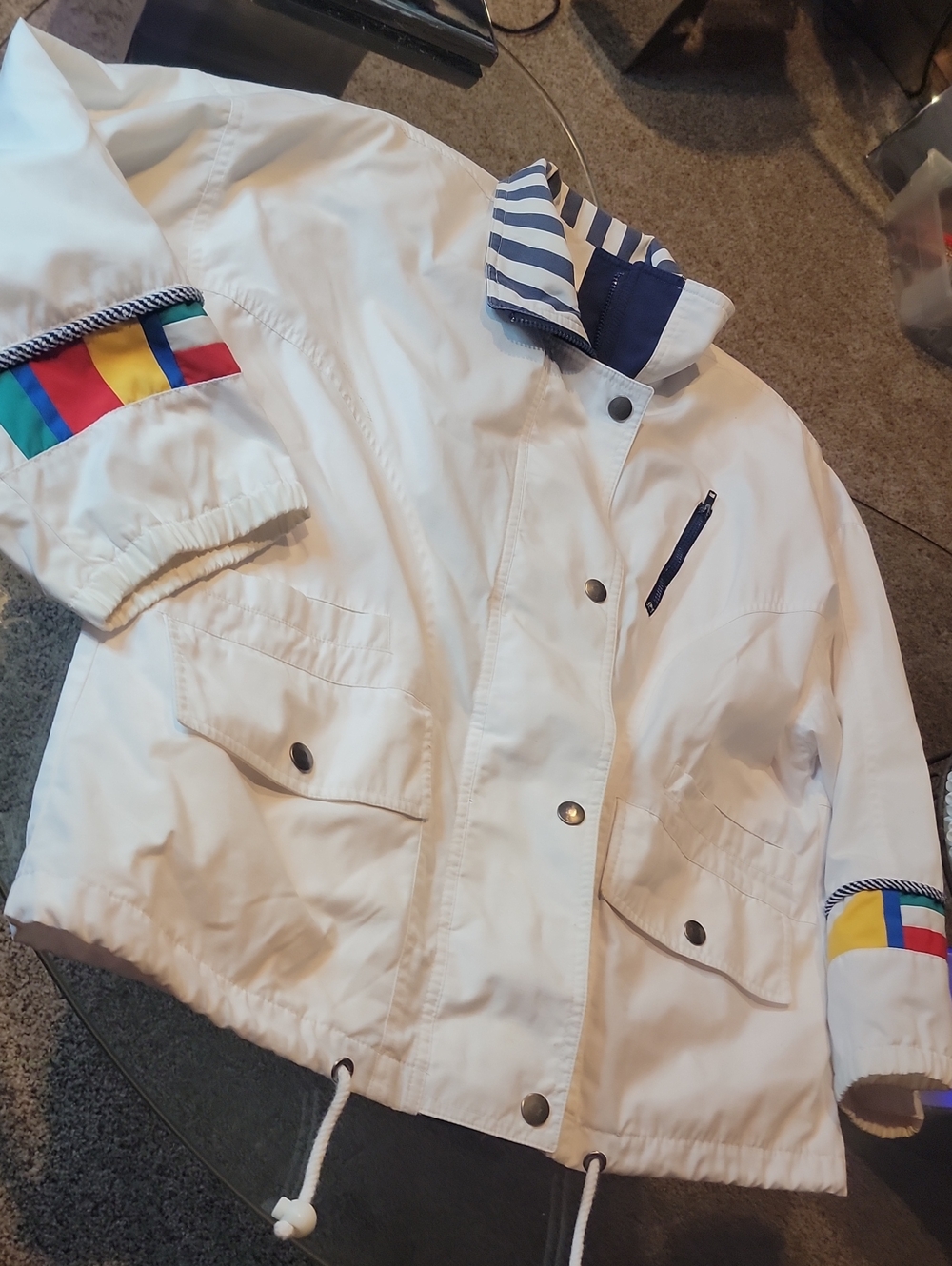 London Fog White Utility Jacket with Multicolor Stripe Nautical Accents